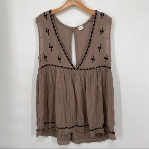 Natural Life Brown Embroidered Deep V Keyhole Back Top